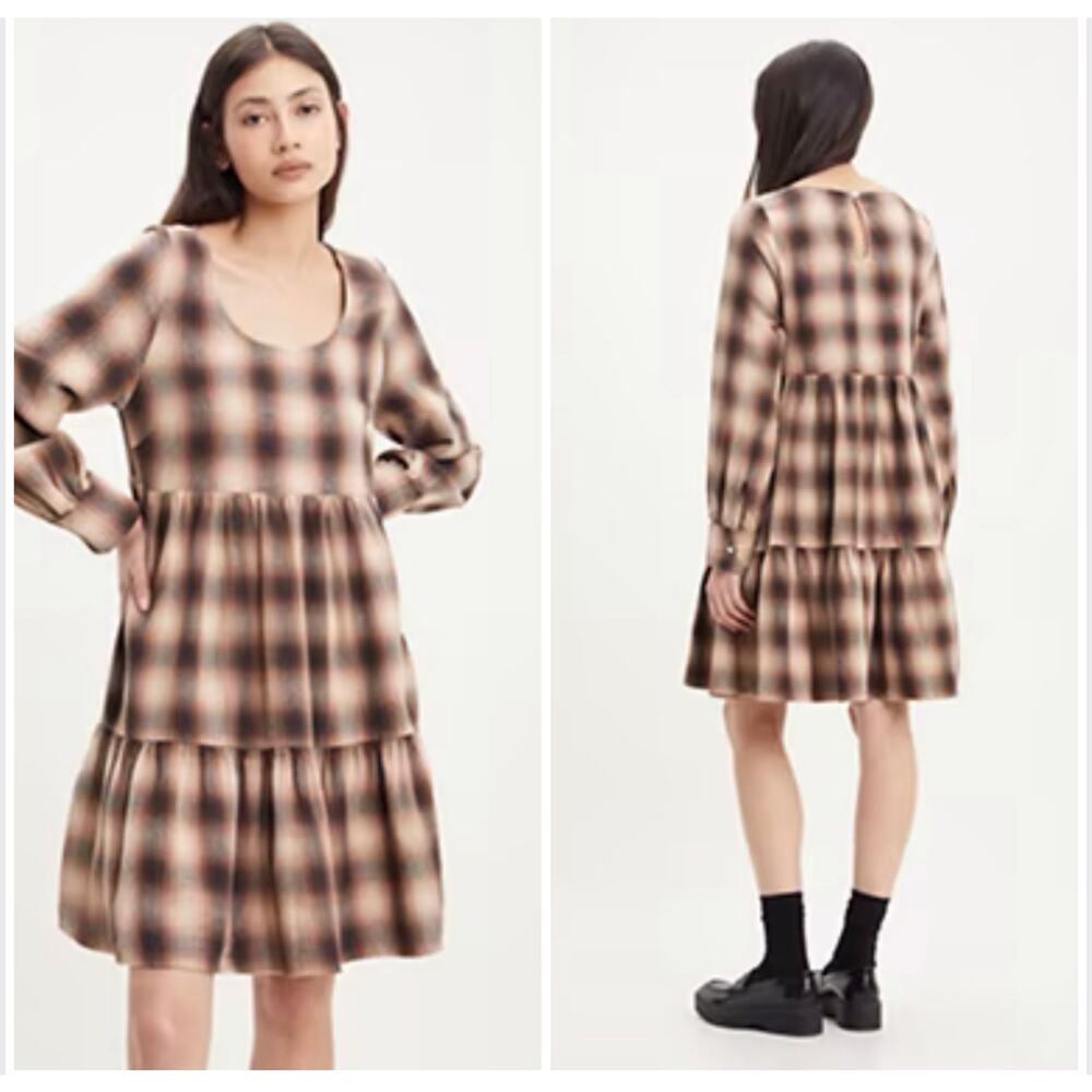 Levis Andy Babydoll Dress Sz S Brown Plaid Flannel Tiered Pleated Long Sleeves